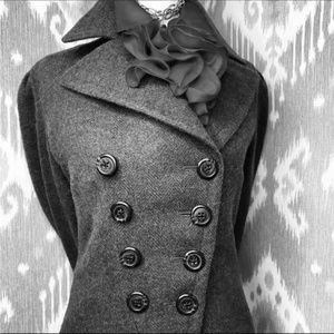 Ralph Lauren Italian Wool Charcoal Grey Herringbone Military Cropped Peacoat